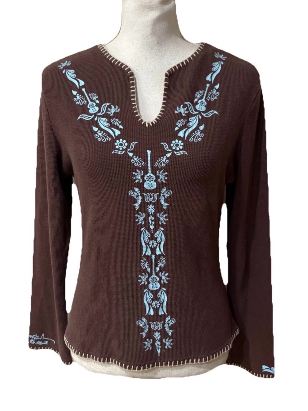 Vtg Y2K PAUL McCARTNEY Brown Thermal Waffle Long Sleeve V Neck Sz M Made In USA